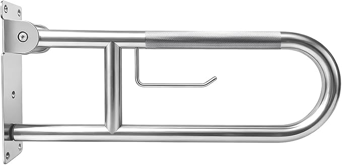 U-Shaped Toilet Grab Bar, Flip-Up Bathroom Safety Rail with Paper Holder, Wall Mounted Anti-Slip Support Handle for Elderly, Disabled & Post-Surgery Assistance (Brushed Nickel, 24 Inch)