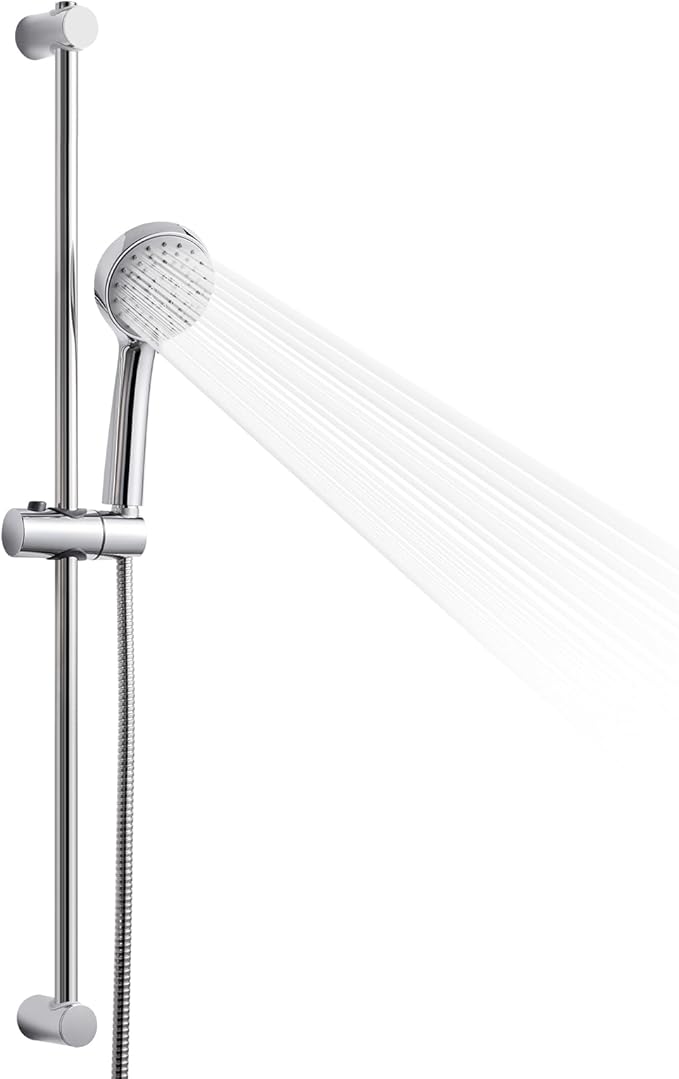 OFFO Shower Slide Bar Combo, Adjustable 31 in Slide Bar with 3-Mode Round Handheld Shower Head and 60 in Stainless Steel Hose, Screw Wall Mounted, Chrome Finish