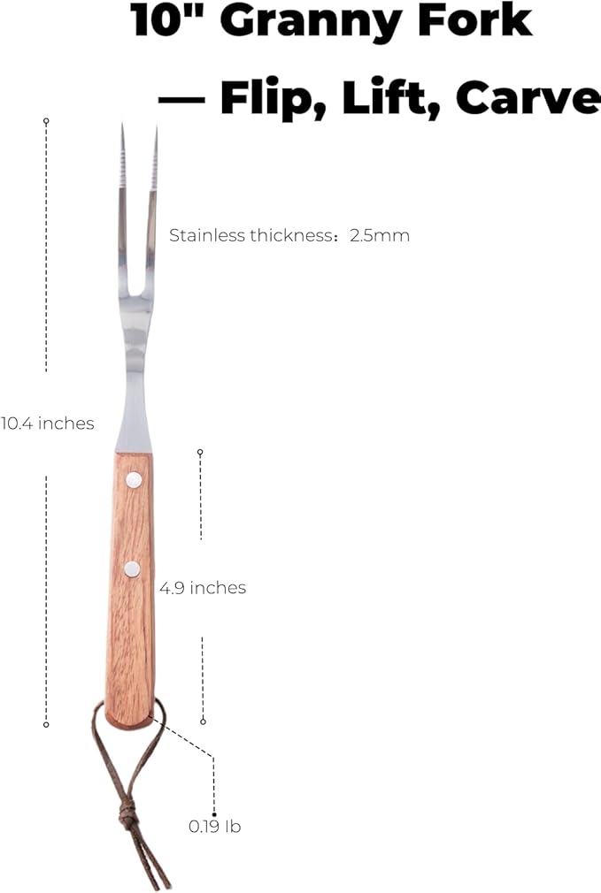 Granny Fork 10 Inch, 2-Tine Cooking Meat Fork – 2.5mm Thick 420 Stainless Steel with Wood Handle, Easy-Grip Carving/Turning/Lifting Tool for Cast Iron Skillet & Roasting Pan, Home Cooks & Seniors