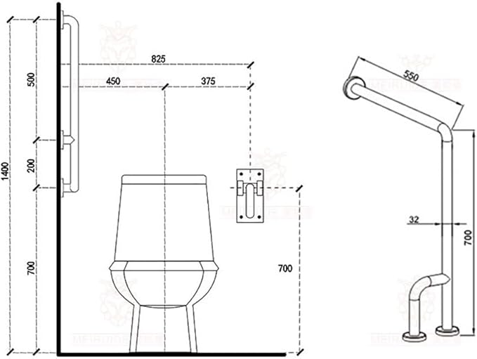 Shower Handicap Grab Bars for Bathroom Wall, Curved Stainless Steel Toilet Grab Bar Toilet with Legs,Wall Mounted Floor-Standing Safety Handrail, Support Handle for Seniors Disabled, 55×70cm Left