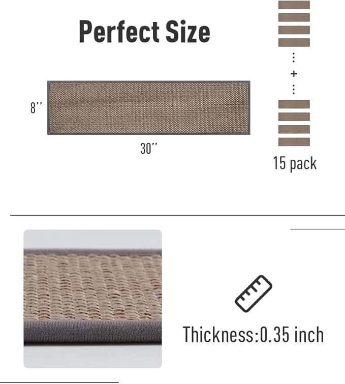 PADOOR Non Slip Stair-Treads,Rubber Backing Stair-Runners for Wooden Steps,15PCS Residue Free Carpet Stair Treads for Kids and Dogs 8"x30" Light Gray