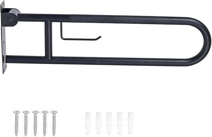 30 Inch Toilet Grab Bar, Matte Black Fold Down Grab Bar with Paper Holder, Knurled Anti-Slip Grab Bars for Toilet, Stainless Steel Handrails Toilet for Seniors Disabled Elderly Pregnant