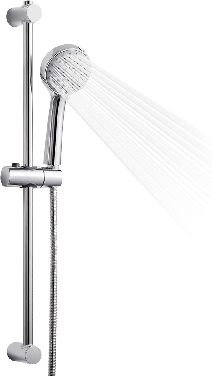 OFFO Shower Slide Bar Combo, Adjustable 21 in Slide Bar with 3-Mode Round Handheld Shower Head and 60 in Stainless Steel Hose, Screw Wall Mounted, Chrome Finish