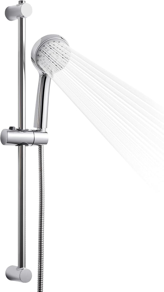 OFFO Shower Slide Bar Combo, Adjustable 21 in Slide Bar with 3-Mode Round Handheld Shower Head and 60 in Stainless Steel Hose, Screw Wall Mounted, Chrome Finish