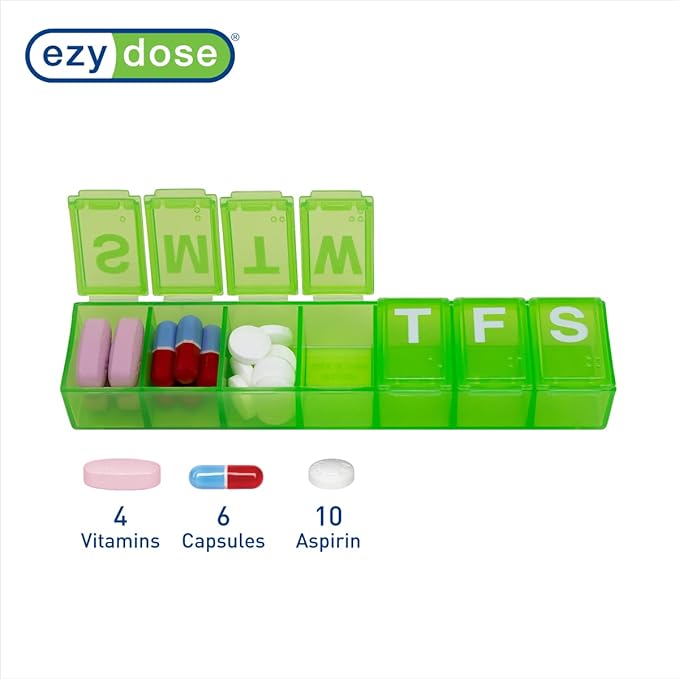 EZY DOSE Weekly (7-Day) Daily Pill Organizer, Vitamin Planner, Medicine Container, Case for Supplements and Fish Oils, Convenient and Easy to Use, Medium Compartments, Travel Friendly, Green, BPA Free