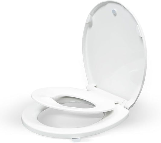 KHE Round Toilet Seat with Child Seat 16.5 Inch, Soft Close Toilet Seat with No-Touch Handle, Quick Release, Non-Slip, Durable PP, White