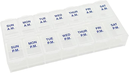 Ezy Dose Weekly 7-Day AM/PM Pill Organizer, Vitamin Case and Medicine Box, Medium Compartments for Twice-Daily Dosing, Natural Color Design, Easy-Open Lids, Portable and Perfect for Home or Travel Use