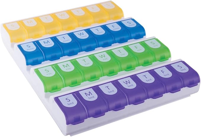 EZY DOSE Weekly (7-Day) Pill Case, Medicine Planner, Vitamin Organizer Box, 4 Times a Day, Large Compartments, Easy Fill All Compartments at Once Organizer, Multi-Colored, BPA Free