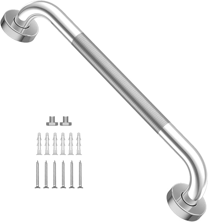16 Inch Anti Slip Shower Grab Bar, YuanDe Chrome Finish Stainless Steel Bath Grab Bar, Knurled Bathroom Safety Rail, Shower Handrail Support, Handicap Elderly Injury Senior Balance Assist Handles