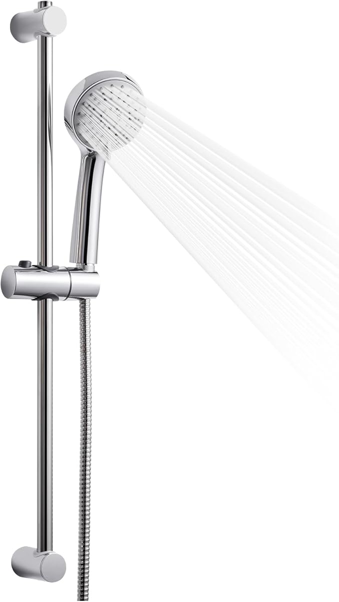 OFFO Shower Slide Bar Combo, Adjustable 27 in Slide Bar with 3-Mode Round Handheld Shower Head and 60 in Stainless Steel Hose, Screw Wall Mounted, Chrome Finish