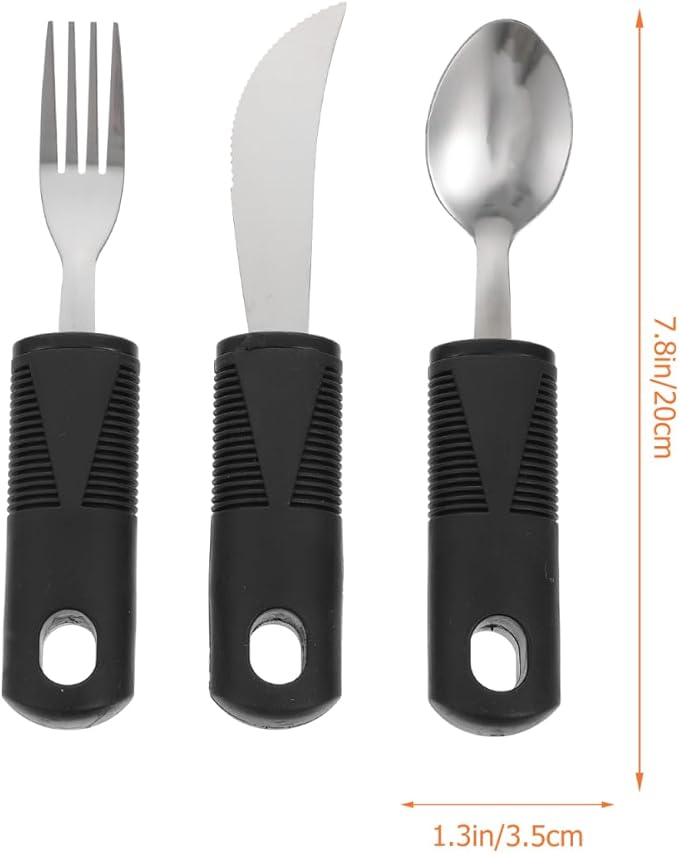 Healifty Adaptive Utensils Anti-Shake Tableware Set 3-Piece Non-Weighted Non-Slip Raised Handle Cutlery Fork Spoon Cutter 7.87 Inch Silverware for Elderly Arthritis Tremor Support