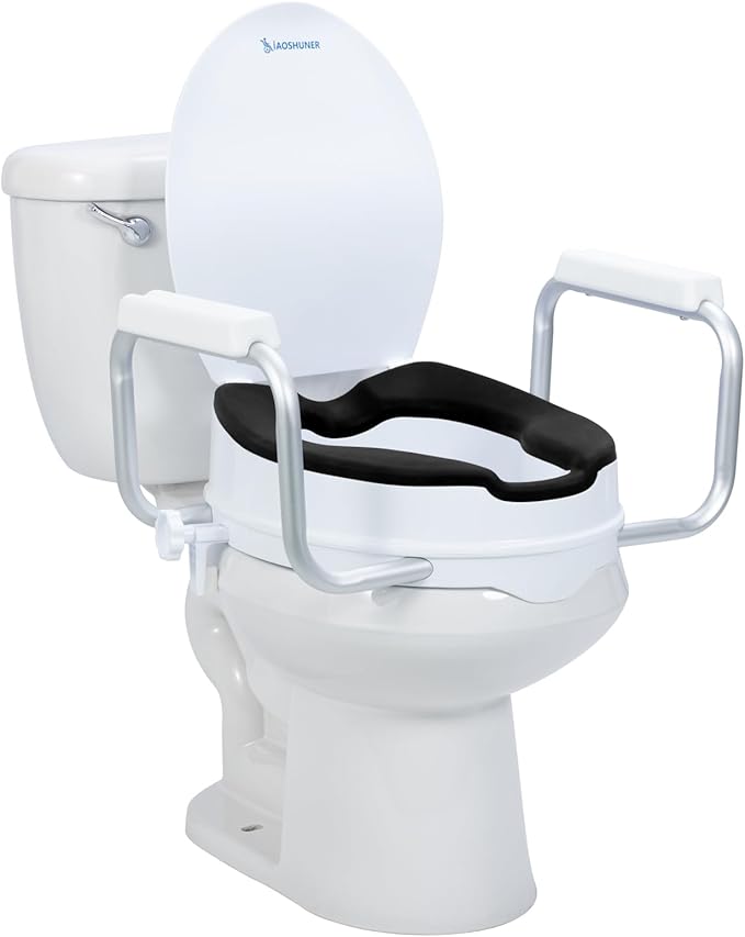 Raised Toilet Seat with Handles for Seniors - Adds 5 Inch - Elevated Toilet Seat Riser with Cushion - Supports 300 lbs - for 16'' Standard/Round Toilet - Includes Lid, Black