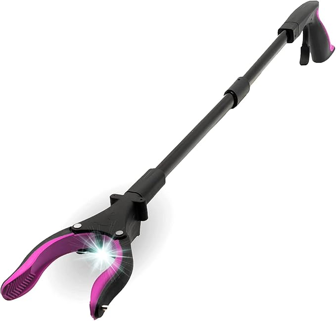 Grabber Tool 19" Aluminum Magnetic Claw with LED Light, Lightweight Foldable Reacher Grabber Pickup Tool, Gripper Grabbers for Elderly Grab it Reaching Tool Trash Picker Grabber, Pink, By Luxet