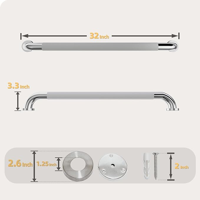 32 Inch Shower Grab Bar, Bathroom Grab Bar Handle with Anti-Slip Knurled Grip, Stainless Steel Bath Balance Bar, Bath Safety Bar Support for Seniors Elderly Pregnant, Shower Hand Rails Brushed Nickel