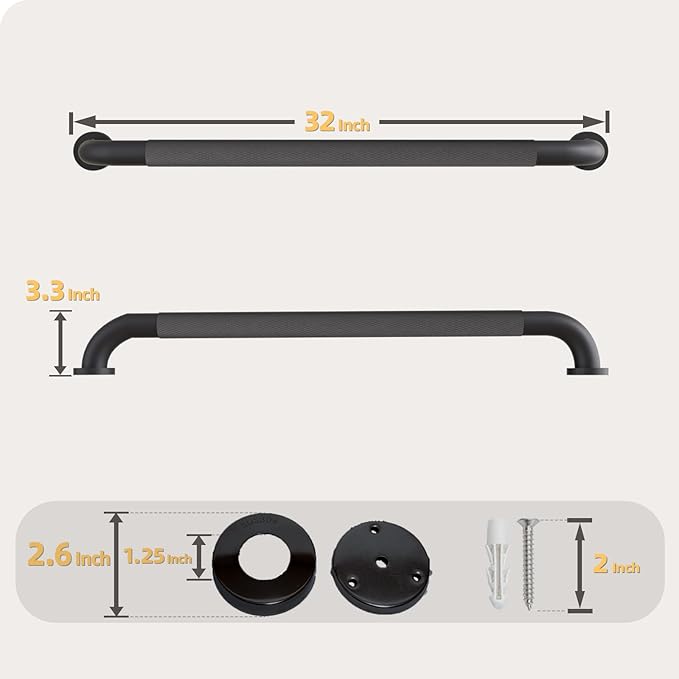 2 Pack Shower Grab Bar, 32 Inch Bathroom Grab Bar Handle with Anti-Slip Knurled Grip, Stainless Steel Bath Balance Bar, 1.25" Diameter Bath Safety Bar Support for Seniors Elderly Pregnant, Matte Black