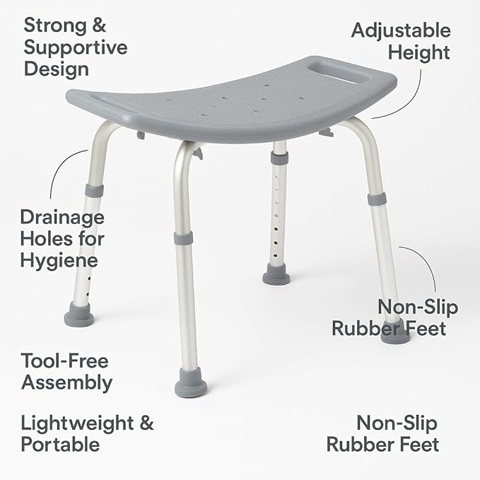 Dr. Dunley Bath Chair for Seniors, Shower Seat with Back, Suction Feet, Non-Slip Adjustable Height Shower Bench for Elderly (No Backrest)