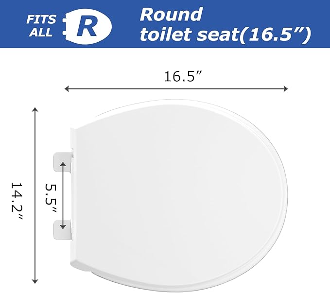 Round Toilet Seat, Standard 16.5” Slow/Soft Close Round Toilet Seat for Round Toilets, No-Slam Quiet-Close Lid, Easy-to-Install, White, Durable Never-Loosen Design