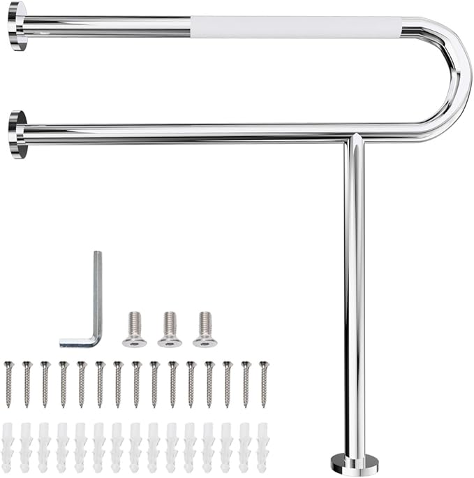 Toilet Grab Bar with Leg, Floor Mounted Knurled Safety Rail, Heavy Duty Chrome Stainless Steel Support Handle, Bathroom Stand Assist, Non-Slip Mobility Aid for Elderly, Disabled, 31 Inch