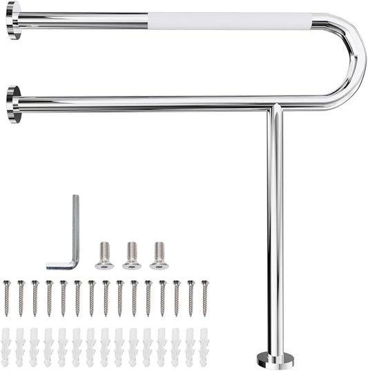 Toilet Grab Bar with Leg, Floor Mounted Knurled Safety Rail, Heavy Duty Chrome Stainless Steel Support Handle, Bathroom Stand Assist, Non-Slip Mobility Aid for Elderly, Disabled, 31 Inch