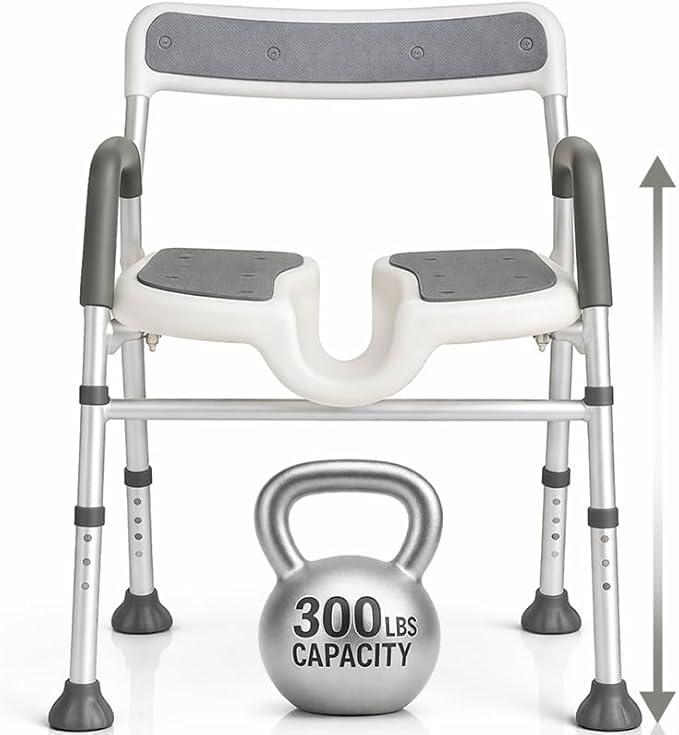 Vive Shower Chair for Elderly & Disabled - Handicap Bath Chair with Arms & U-Shape - Foldable, Adjustable Height - Padded Soaking w/Back & Drain Hole - Portable, Non-Slip, Safe Disability Aid