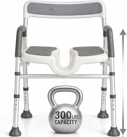 Vive Shower Chair for Elderly & Disabled - Handicap Bath Chair with Arms & U-Shape - Foldable, Adjustable Height - Padded Soaking w/Back & Drain Hole - Portable, Non-Slip, Safe Disability Aid