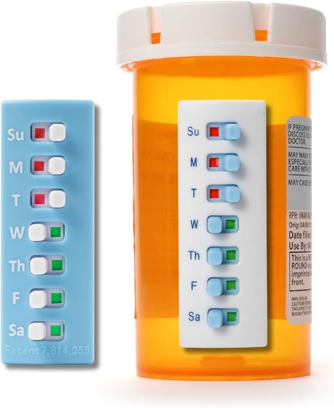 TAKE-N-SLIDE Peel and Stick Reusable for 12 + Refills, Pill/Medication/Vitamin/Pet Med Tracker & Reminder, Attach to Your Bottle, Organizer-Free, Curved‑Back, White & Blue (2-Pack, 1 Each)