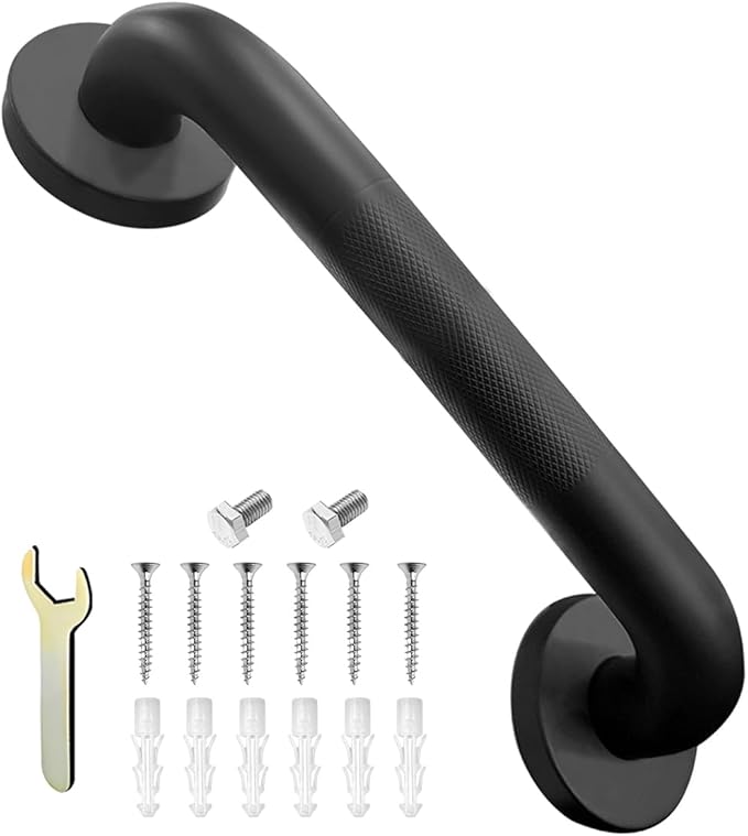 Shower Grab Bar, Anti-Slip Safety Grab Bar for Bathroom Bathtub Toilet 304 Stainless Steel Textured Grip Bath Handle Hand Rail for Elderly (Black, 12" L x 1 1/4" D)