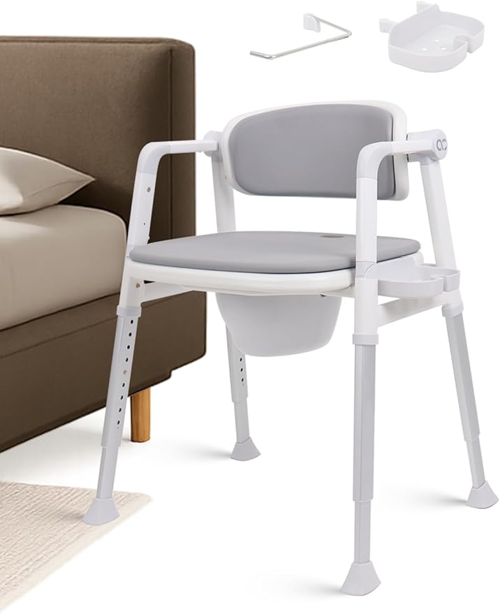 3-in-1 Bedside Commode Shower Chair with Liftable Arm Anti-Splash Bucket Extra-Wide Padded Adjustable Raised Toilet Seat for Seniors up to 300 lbs. Potty Chair for Toilet (Grey)
