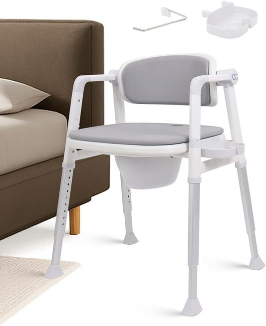 3-in-1 Bedside Commode Shower Chair with Liftable Arm Anti-Splash Bucket Extra-Wide Padded Adjustable Raised Toilet Seat for Seniors up to 300 lbs. Potty Chair for Toilet (Grey)
