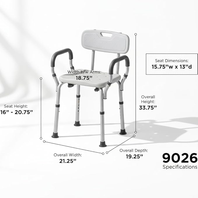 NOVA Bath & Shower Seat with Padded/Removable Arms & Back - for Seniors, Handicap & Medical Use, Adjustable Height, Aluminum Frame, Non-Skid Safety, Tool-Free Assembly, 300lb Weight Capacity