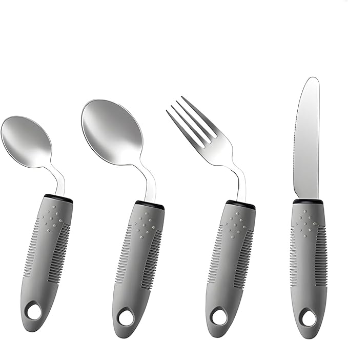 4Pcs Weighted Adaptive Utensils 42° Angled Parkinsons Utensils, Weighted Utensils for Hand Tremors and Parkinsons Patients, Arthritis Silverware for Elderly & Seniors (B-RH-Grey)