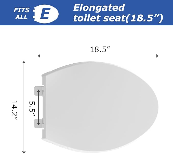 Elongated Toilet Seat, 18.5” Soft/Slow Close Oval (Oblong) Toilet Seat for Elongated Toilets, No-Slam Quiet-Close Lid, Easy-to-Install & Clean, Durable Never-Loosen White Plastic Seat