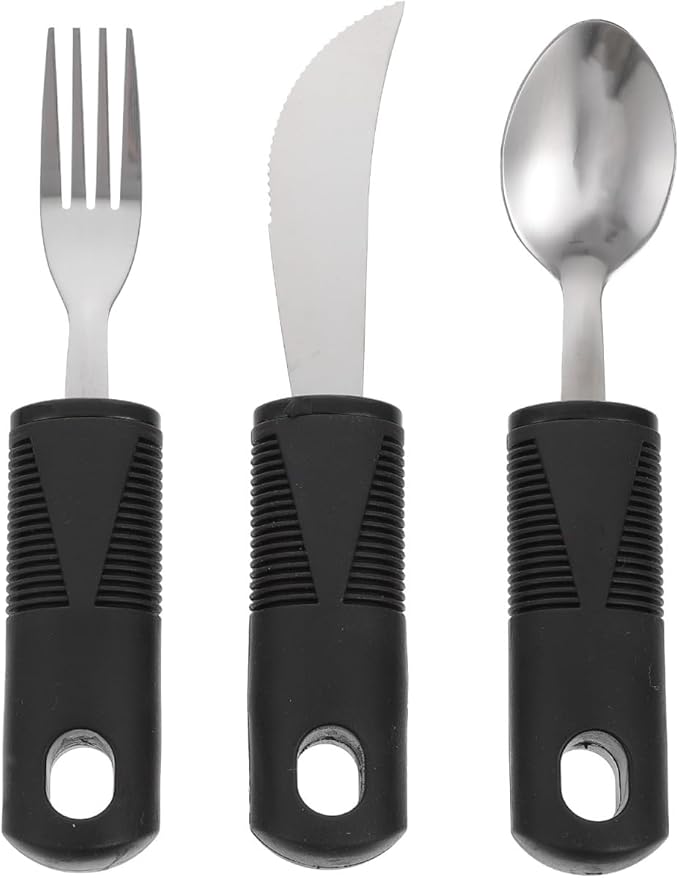 Healifty Adaptive Utensils Anti-Shake Tableware Set 3-Piece Non-Weighted Non-Slip Raised Handle Cutlery Fork Spoon Cutter 7.87 Inch Silverware for Elderly Arthritis Tremor Support