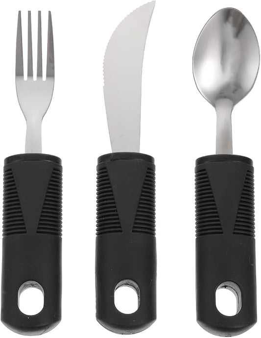 Healifty Adaptive Utensils Anti-Shake Tableware Set 3-Piece Non-Weighted Non-Slip Raised Handle Cutlery Fork Spoon Cutter 7.87 Inch Silverware for Elderly Arthritis Tremor Support