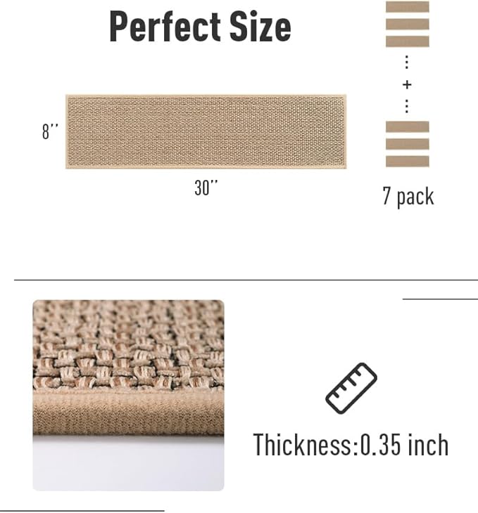 PADOOR Non Slip Stair-Treads, Rubber Backing Stair-Runners for Wooden Steps, 7PCS Residue Free Carpet Stair Treads for Kids and Dogs 8"x30" Beige