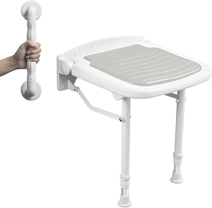 Wall Mounted Shower Seats with Bathroom Grab Bar(FSÄ/HSÄ), Support 550lbs, Adjustable Height Fold Down Shower Seat Wall Mounted Folding Shower Bench for Elderly-Adults-Pregnants-Seniors-Disabled