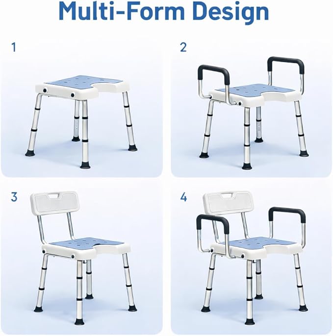 Shower Chair for Inside Shower with Arms and Back HSA/FSA Eligible, 400lbs Capacity Height Adjustable U-Shaped Seat for Seniors Elderly Easy Bathing, 4-in-1 Tool-Free Assembly