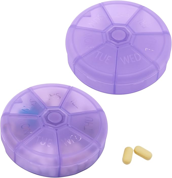 Portable Weekly Pill Organizer (Pack of 2) 7 Day Container,Round Case Travel Friendly,Daily Week Pill Reminder,Vitamin,Supplement,Fish Oil,Medication Planner (Purple)