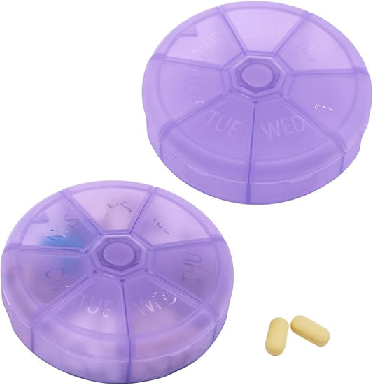Portable Weekly Pill Organizer (Pack of 2) 7 Day Container,Round Case Travel Friendly,Daily Week Pill Reminder,Vitamin,Supplement,Fish Oil,Medication Planner (Purple)