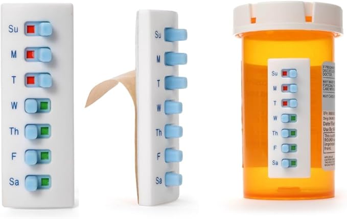 TAKE-N-SLIDE Peel and Stick Reusable for 12 + Refills, Pill/Medication/Vitamin/Pet Med Tracker & Reminder, Attach to Your Bottle, Organizer-Free, Curved‑Back, White & Blue (2-Pack, 1 Each)