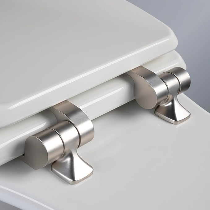 Mayfair Bennett Toilet Seat with Brushed Nickel Hinges, Slow Close Wood Seat, Secure Metal Hinges, Easy Install, Elongated, White