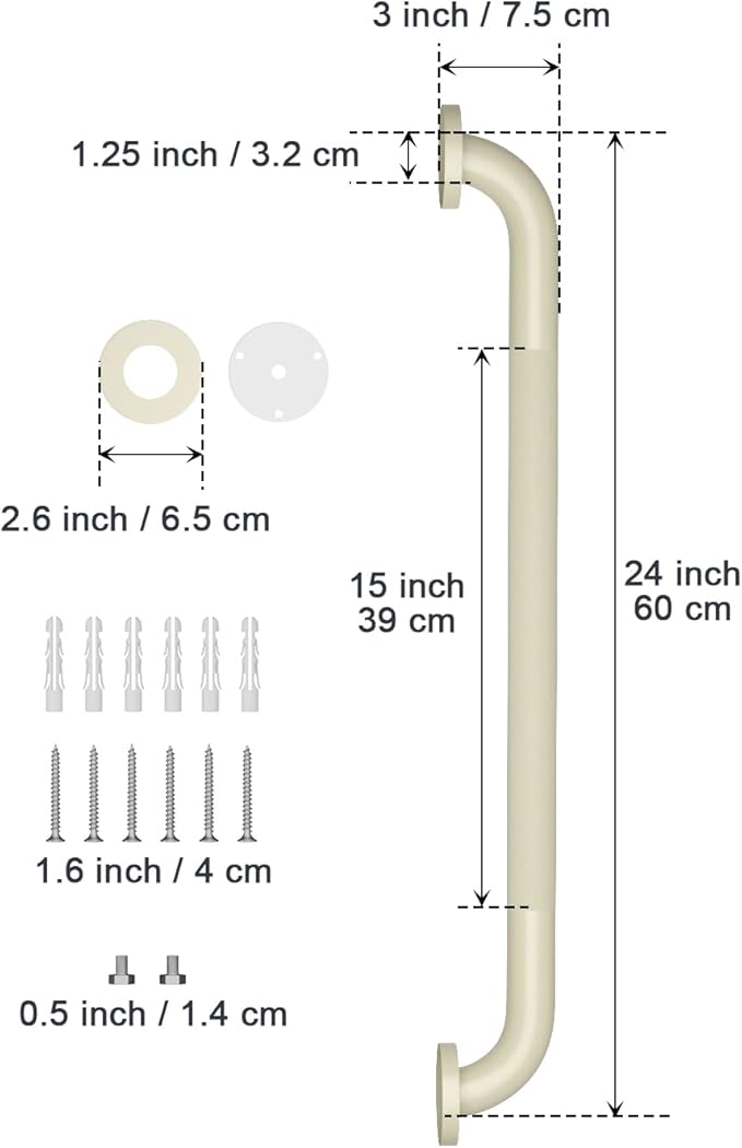 24 Inch Anti Slip Shower Grab Bar Handle Beige White, ZUEXT Stainless Steel Bathroom Grab Bar, Knurled Bathroom Balance Bar, Safety Hand Rail Support,Handicap Elderly Injury Senior Assist Bath Handle