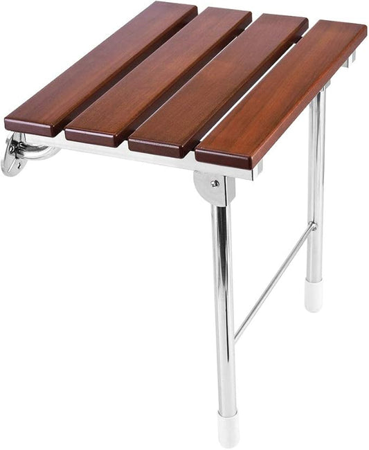 Folding Shower Seat Wall Mounted with Legs, Foldable Shower Chair for Inside Shower, Fold Down Shower Bench for Seniors (Wood, Fixed Height)