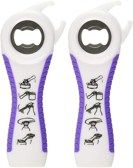 2 pack 5-in-1 Multi Function Plastic Grip Bottle Opener- Easily Opens Twist Caps, Bottle Caps, Canning Lids and Can Tabs (White)