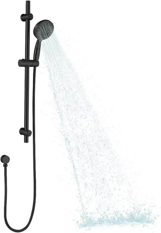 All Metal Handheld Shower Head with Adjustable 30-Inch Shower Slide Bar and 59-Inch Hose, 5-Function 3.2GPM High Pressure Handheld Shower Head with Drop Ell and Holder, Matte Black