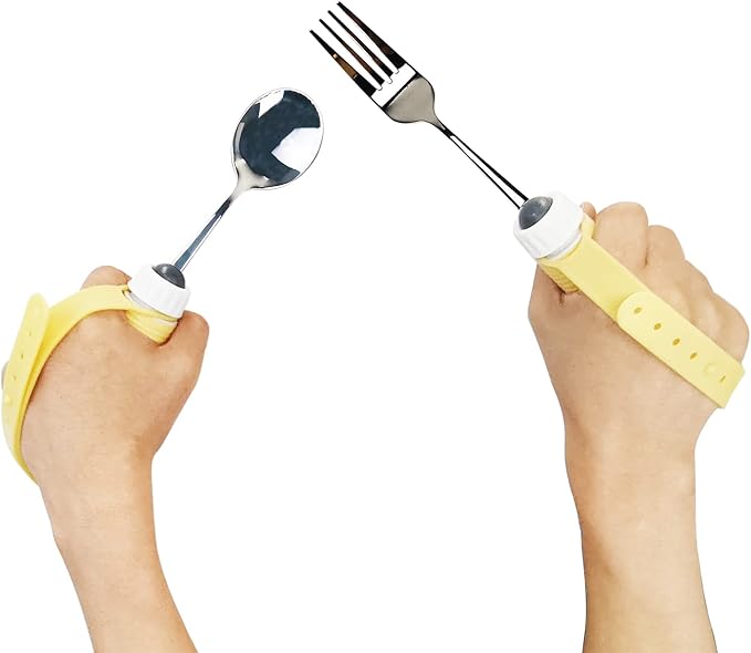 Adaptive Utensils Spoons Forks Set Weighted, Non-Slip Handles & rubber strap, for Hand Tremors & Muscle Weakness, Arthritis, Parkinson’s, Elderly; Dishwasher Safe,Stainless Steel