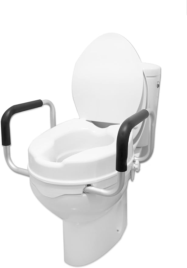 PEPE Mobility Raised Toilet Seat with Handles and Lid for Elderly 4" High, Fits Round and Elongated up to 15" Wide, Commode Seat with Sturdy Brackets, Medical Aid
