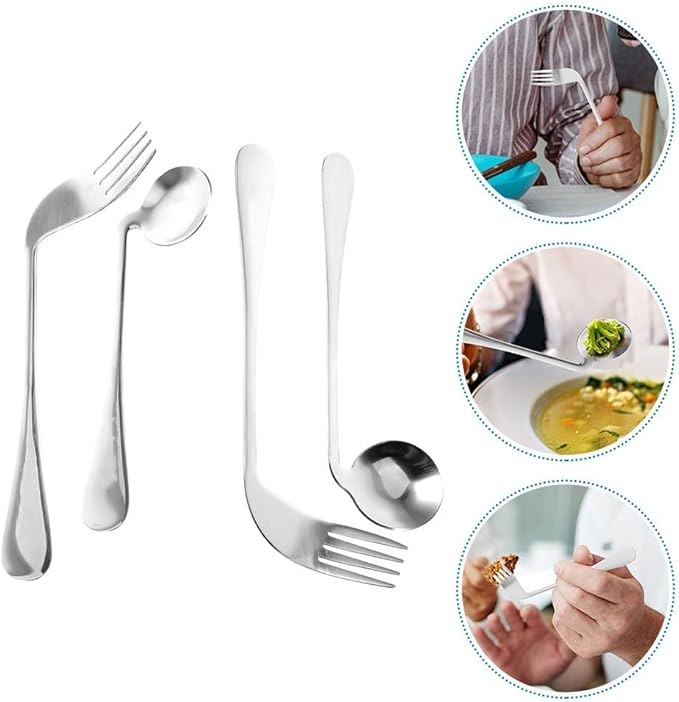 Adaptive Utensils Set - Curved Stainless Steel Spoon and Fork for Elderly, Adults with Tremors, Comfortable Angled Handle Design for Easy Feeding at Home (4pcs)