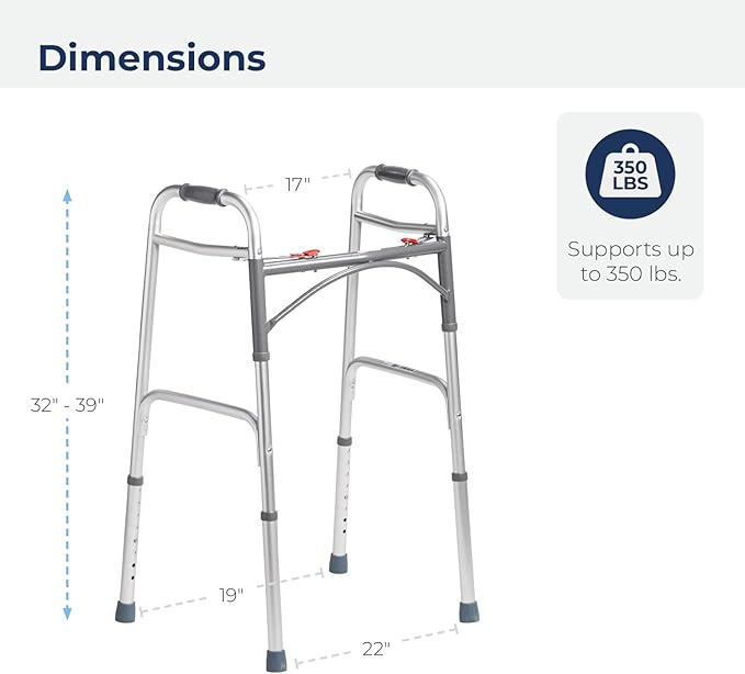 Drive Medical 2-Button Standard Foldable Walker for Seniors & Adults - Adjustable Legs - Lightweight Aluminum Construction - 350 Lb Weight Capacity - Basic Walking Aid - Silver