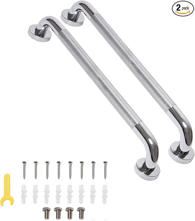 Shower Grab Bar, 24 Inch Bathroom Grab Bar Handle with Anti-Slip Knurled Grip, Stainless Steel Bath Balance Bar, 1.25" Diameter Bath Safety Bar Support for Seniors Pregnant, Polished Chrome- 2 Pack